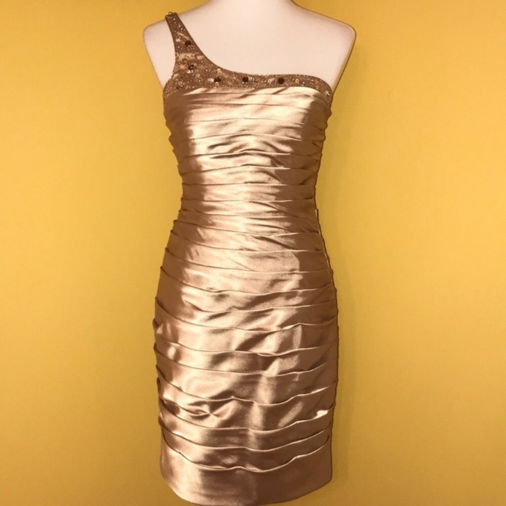 Adrianna Papell champagne one shoulder dress